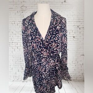 Floral Wrap Dress NWOT Size M | V‑Neck Ruffle Hem Sheer Feminine Elegance